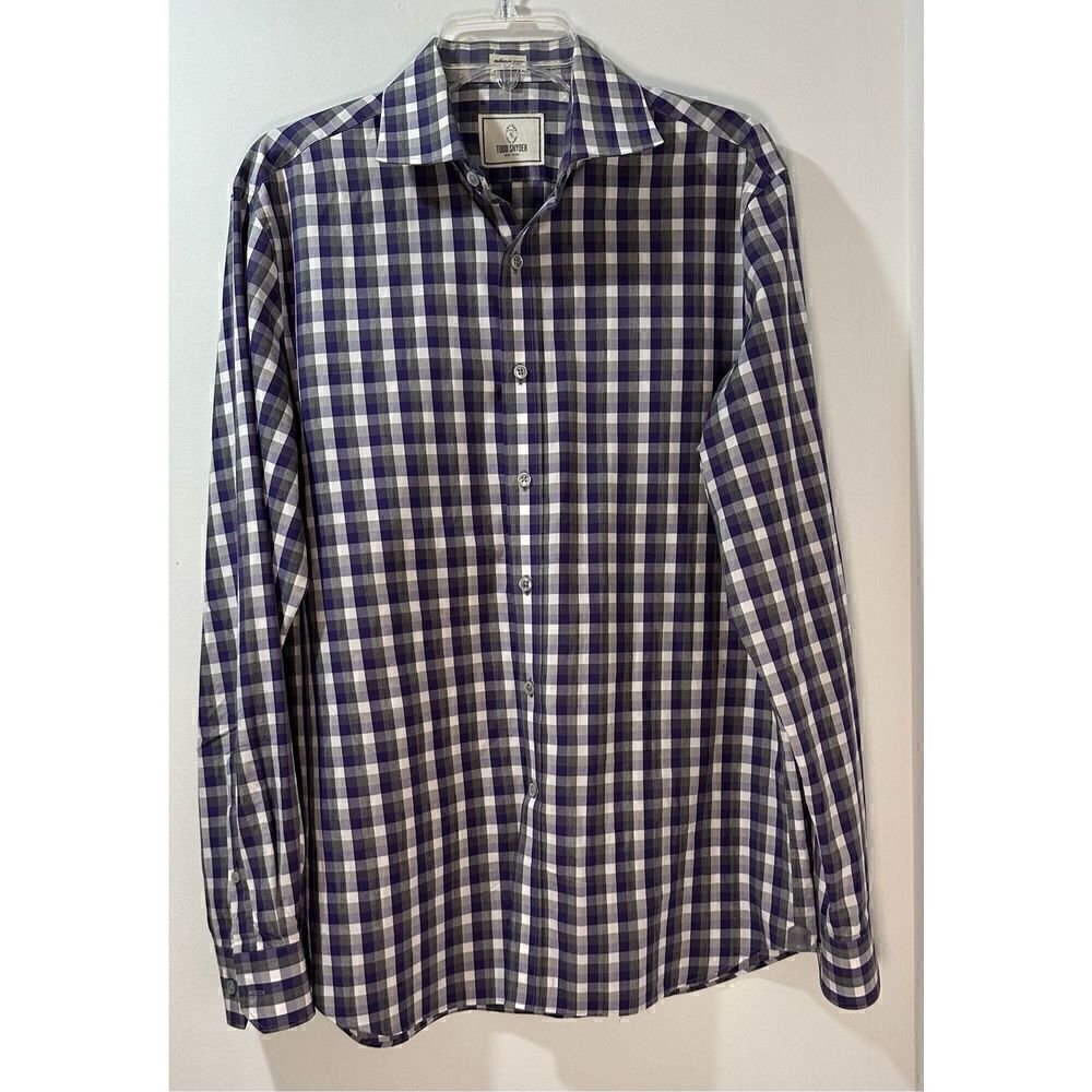 Todd Snyder NY me’lane yarn men’s purple plaid button down size 16.  #39-0984